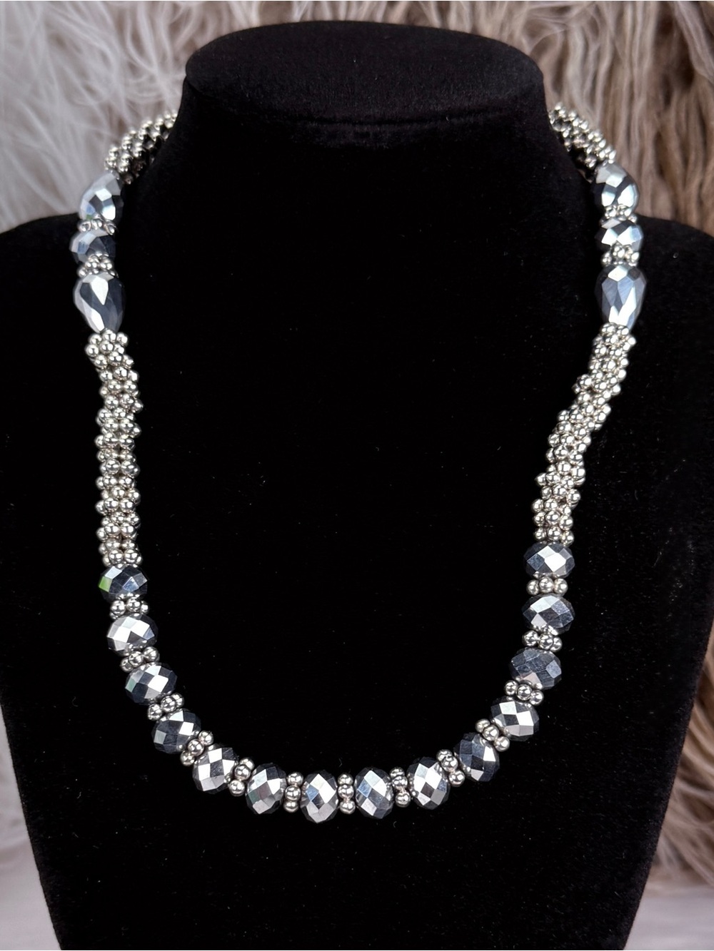 Gunmetal Tone Faceted Bead Statement Necklace Silver Tone